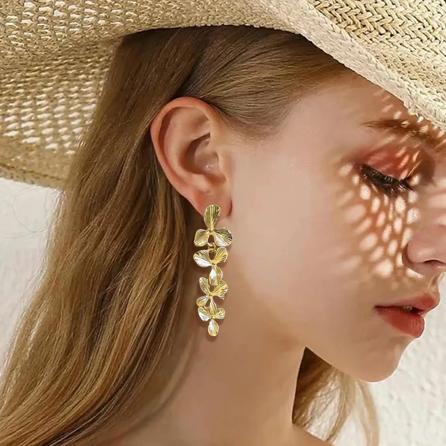 Gold Flower Earrings Floral Earrings Statement Earrings Large Double Gold Floral Earrings for Women Boho Earrings Flower Jewelry Gold Flower Stud Earrings Lightweight Earrings