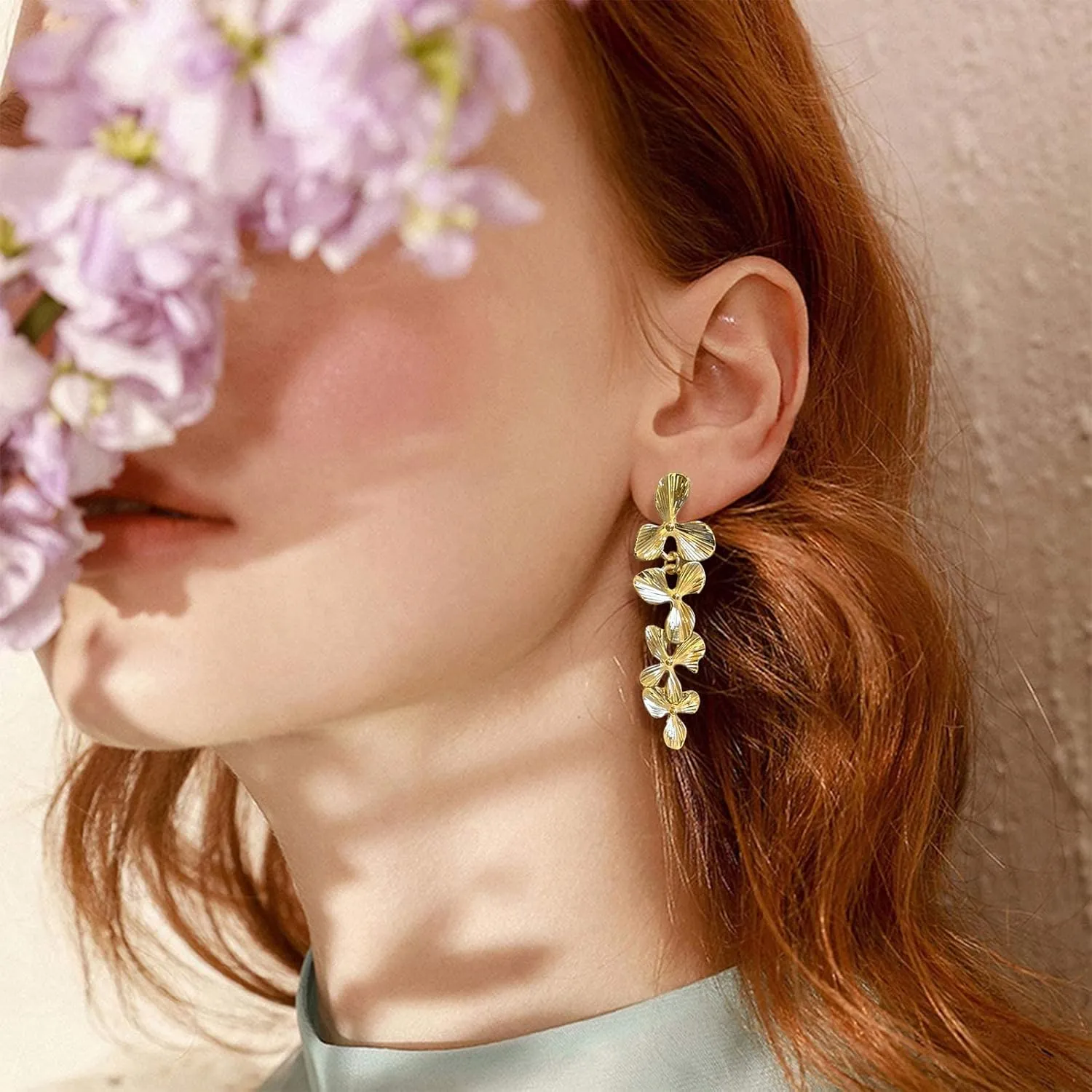 Gold Flower Earrings Floral Earrings Statement Earrings Large Double Gold Floral Earrings for Women Boho Earrings Flower Jewelry Gold Flower Stud Earrings Lightweight Earrings