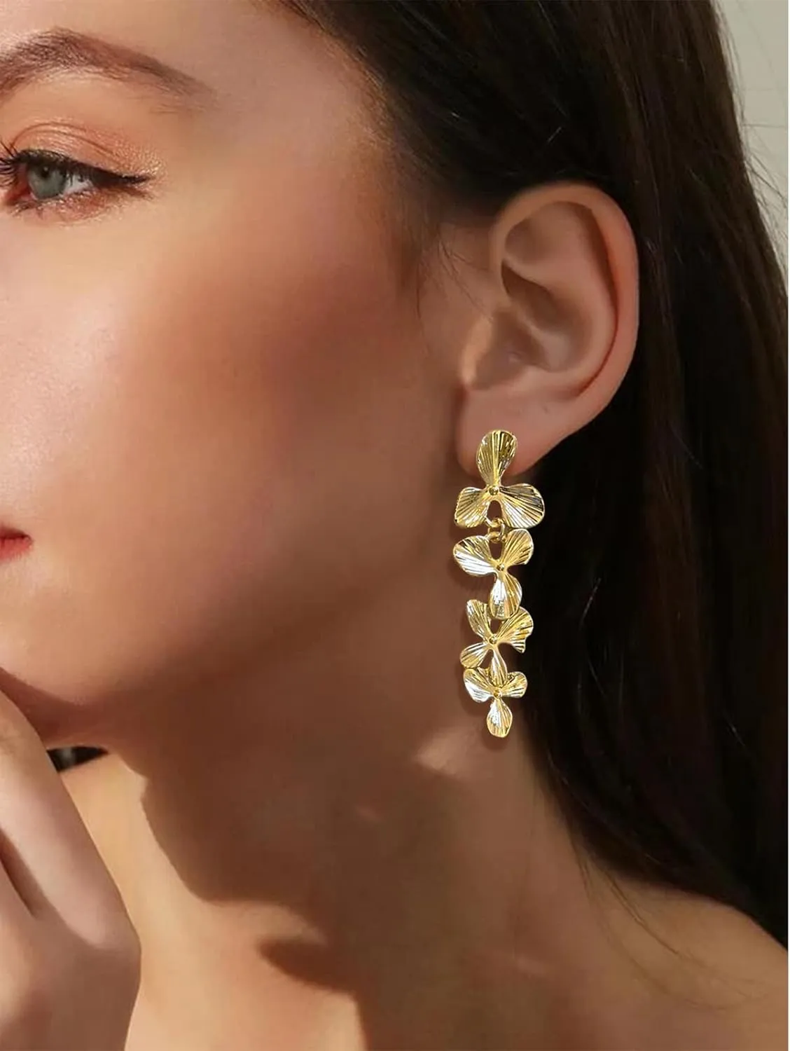 Gold Flower Earrings Floral Earrings Statement Earrings Large Double Gold Floral Earrings for Women Boho Earrings Flower Jewelry Gold Flower Stud Earrings Lightweight Earrings