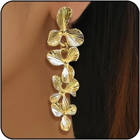 Gold Flower Earrings Floral Earrings Statement Earrings Large Double Gold Floral Earrings for Women Boho Earrings Flower Jewelry Gold Flower Stud Earrings Lightweight Earrings