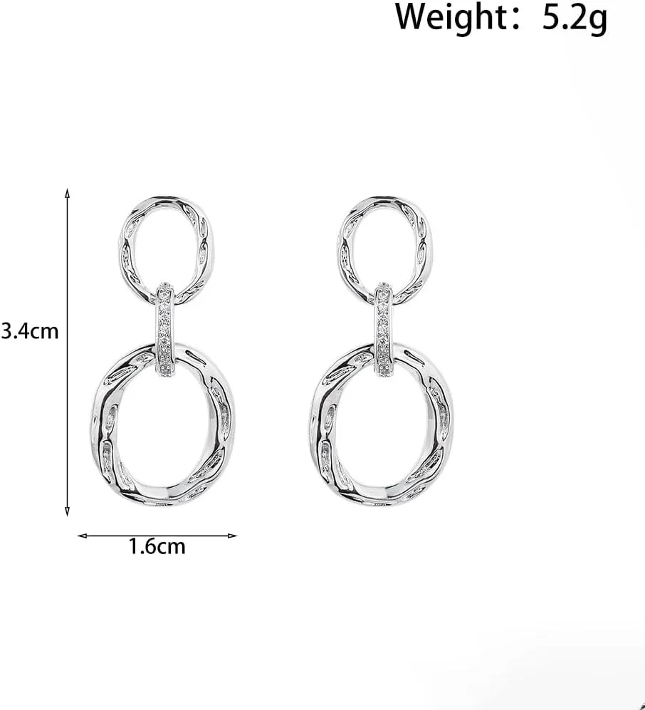 Gold Hammered Crystal Drop Dangle Earrings for Women Sparkling Zirconia Chunky Geometric Triple Hoop Stud Earring Minimalist Silver Statement Jewelry