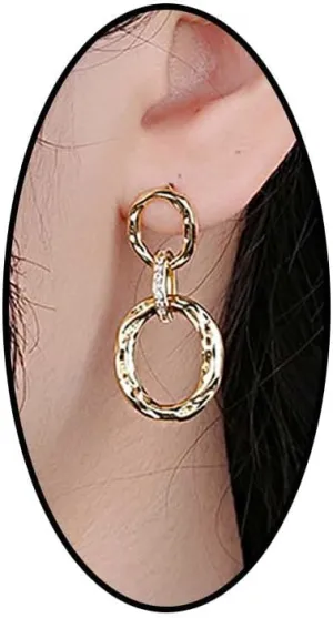 Gold Hammered Crystal Drop Dangle Earrings for Women Sparkling Zirconia Chunky Geometric Triple Hoop Stud Earring Minimalist Silver Statement Jewelry