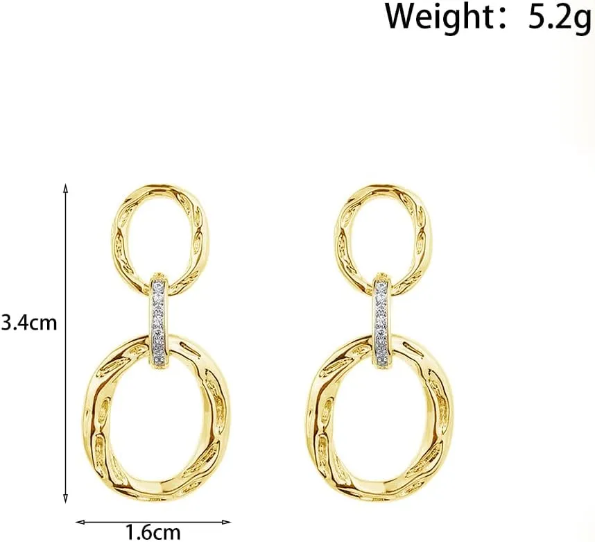Gold Hammered Crystal Drop Dangle Earrings for Women Sparkling Zirconia Chunky Geometric Triple Hoop Stud Earring Minimalist Silver Statement Jewelry