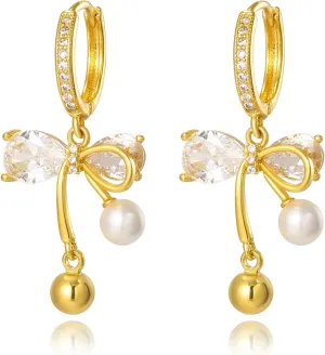 Gold Hoop Earring for Women Trendy 14K Gold Plated Bowknot Hoop Huggie Twist Bow Pearl Dangle Cubic Zirconia Earrings Jewelry Gifts for Women