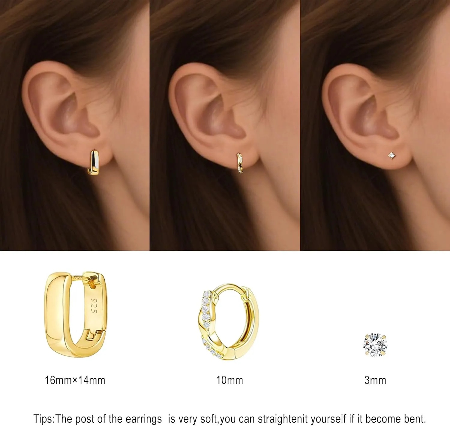 Gold Hoop Earrings Set: Dainty Small Sterling Silver Earring for Multiple Piercing, Hypoallergenic Huggie Stud Jewelry Trendy, Twisted CZ Cartilage Earings Stacks for Women 3Pairs