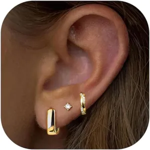 Gold Hoop Earrings Set: Dainty Small Sterling Silver Earring for Multiple Piercing, Hypoallergenic Huggie Stud Jewelry Trendy, Twisted CZ Cartilage Earings Stacks for Women 3Pairs