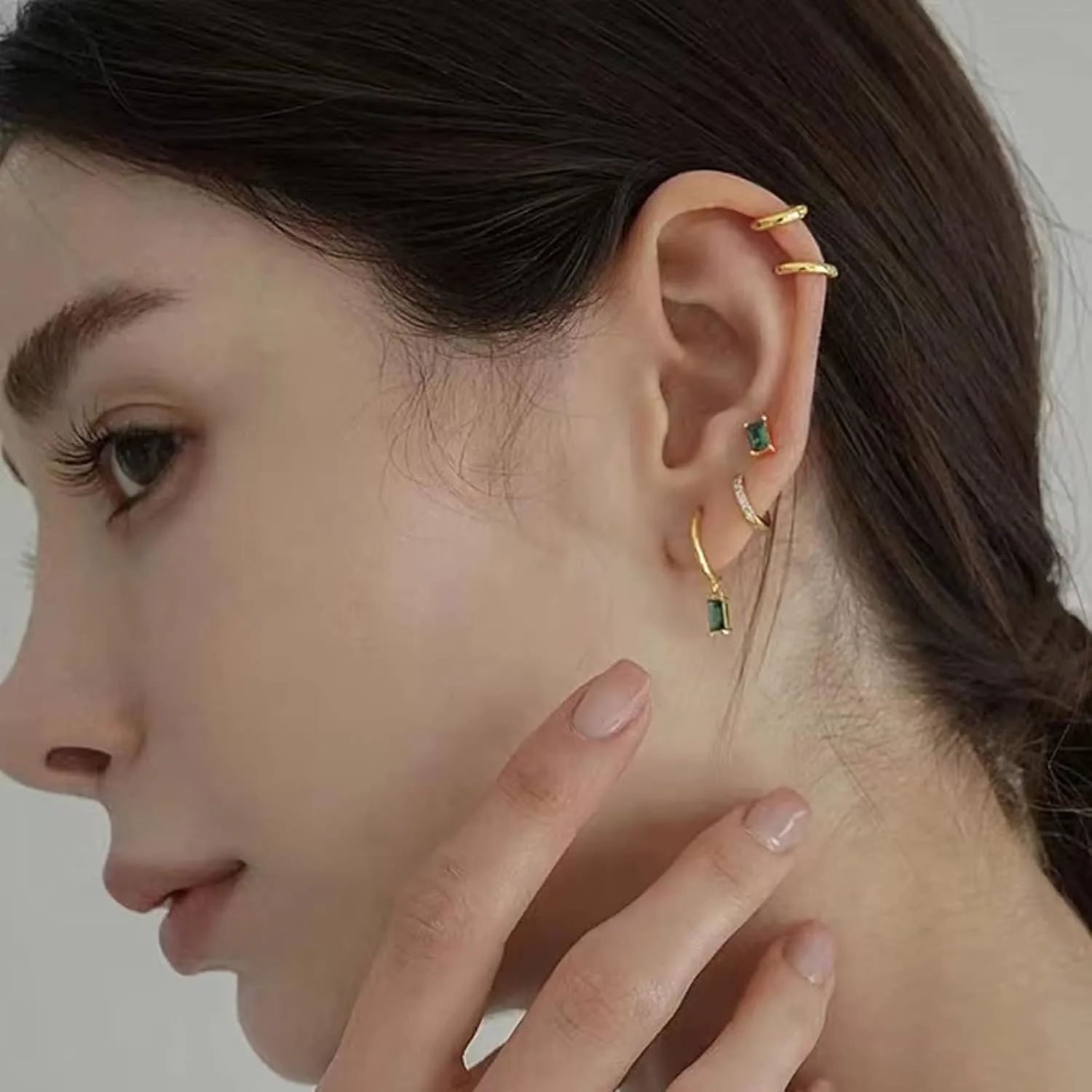 Gold Hoop Earrings With Green Drop, Huggie Hoops For Women & Men - 14K Gold, Hypoallergenic - 2PCS