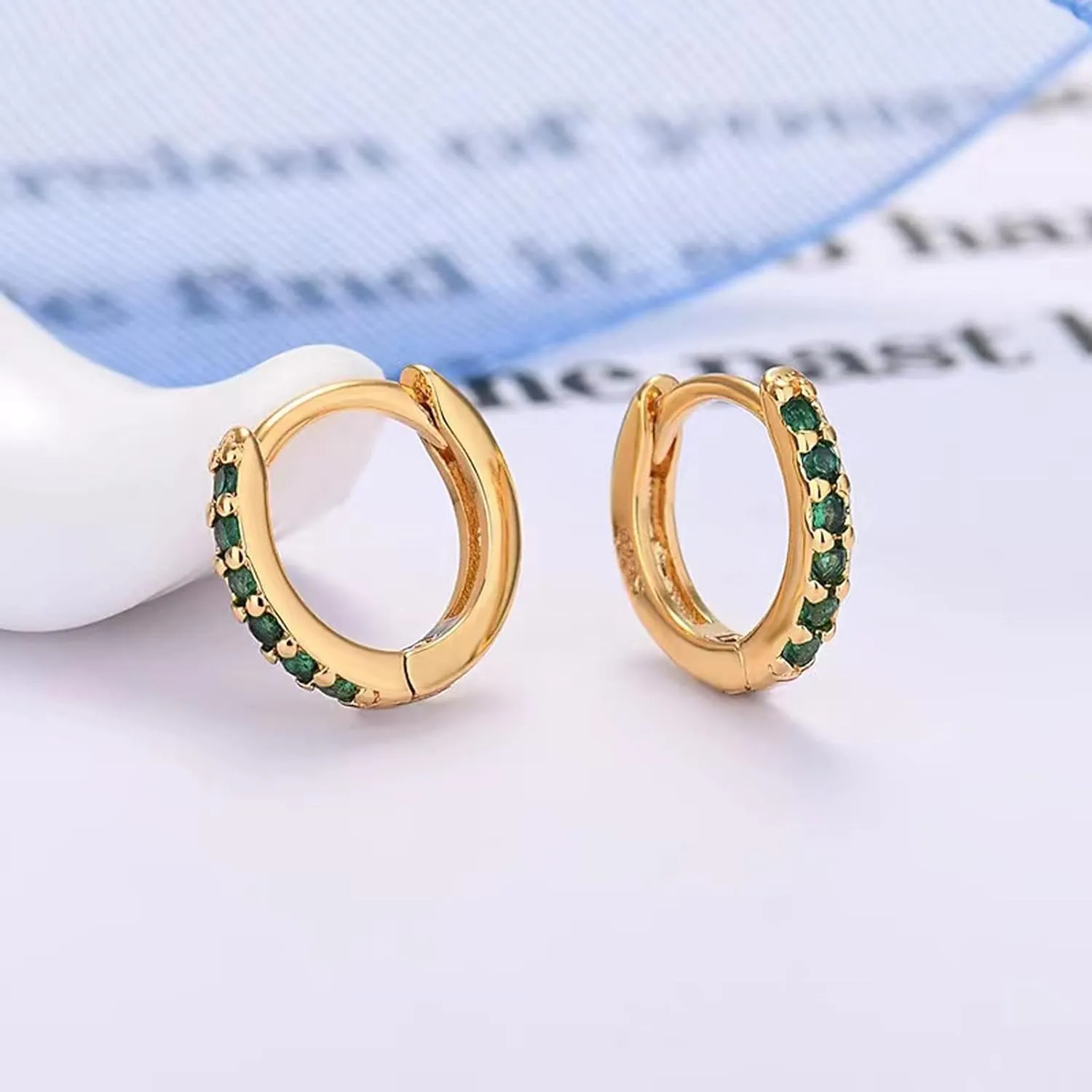 Gold Hoop Earrings With Green Drop, Huggie Hoops For Women & Men - 14K Gold, Hypoallergenic - 2PCS