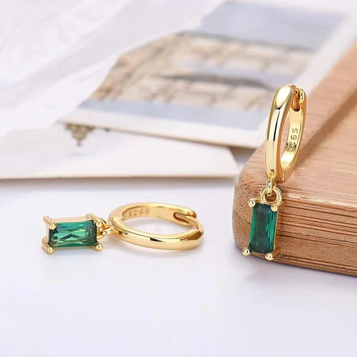 Gold Hoop Earrings With Green Drop, Huggie Hoops For Women & Men - 14K Gold, Hypoallergenic - 2PCS
