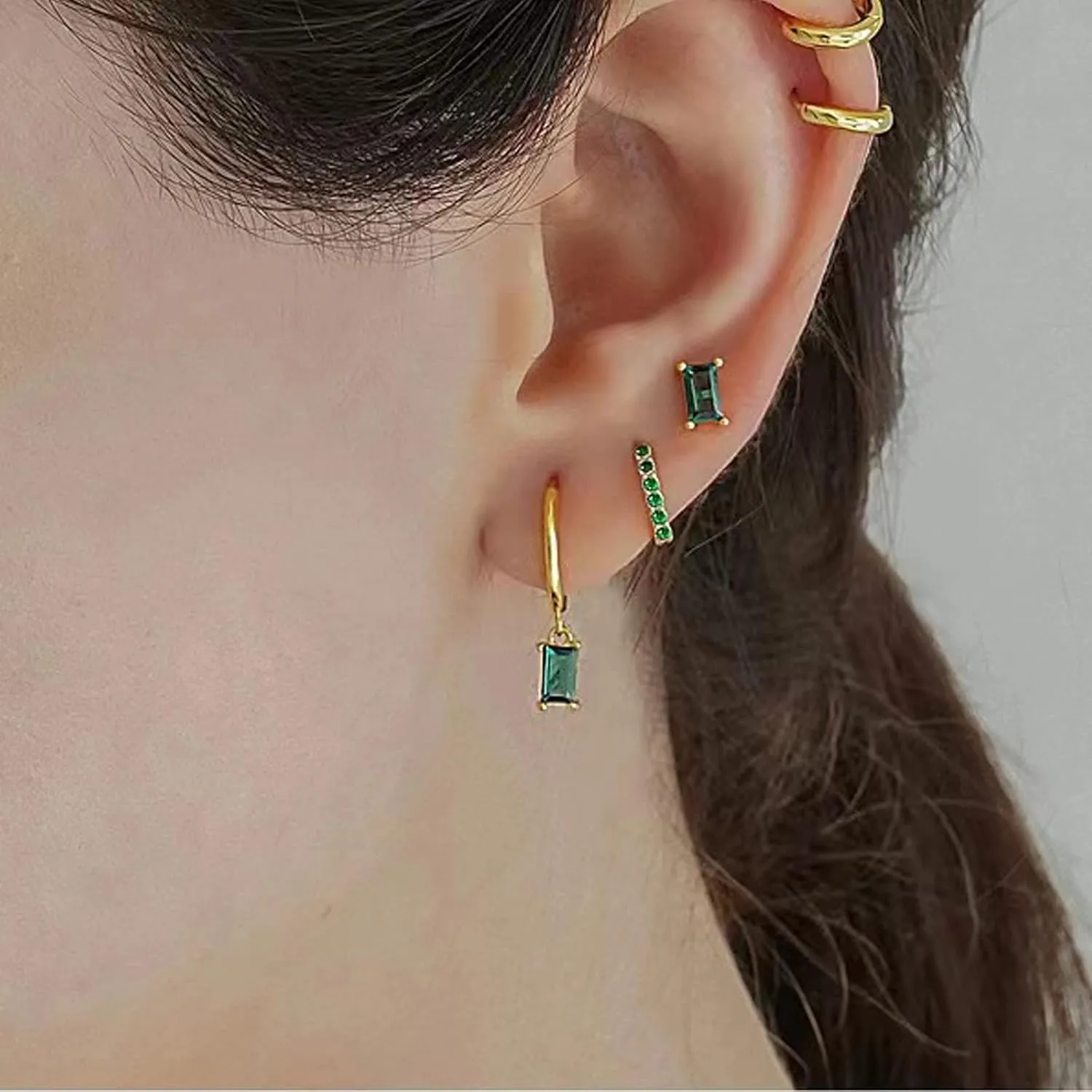 Gold Hoop Earrings With Green Drop, Huggie Hoops For Women & Men - 14K Gold, Hypoallergenic - 2PCS