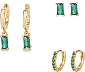 Gold Hoop Earrings With Green Drop, Huggie Hoops For Women & Men - 14K Gold, Hypoallergenic - 2PCS
