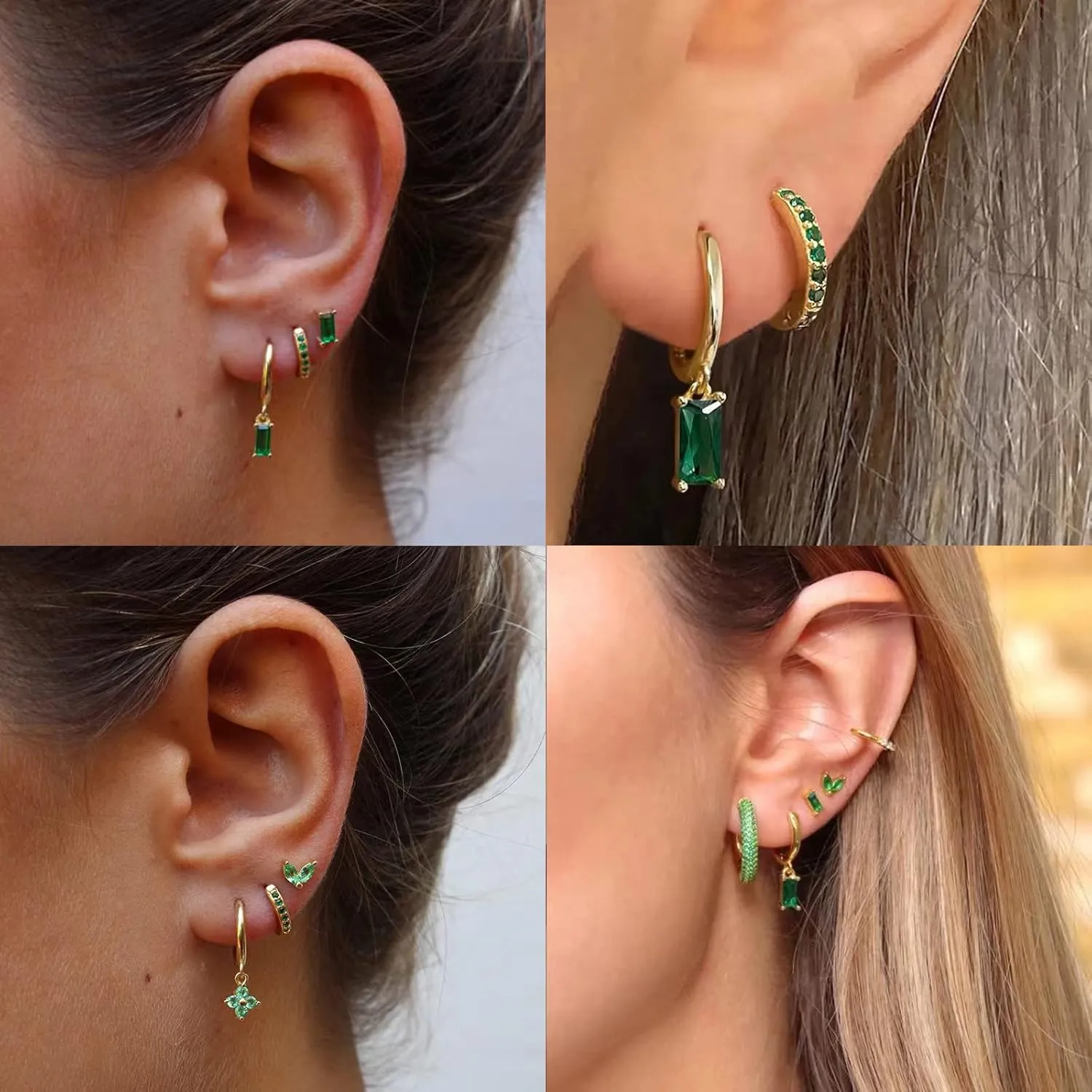 Gold Hoop Earrings With Green Drop, Huggie Hoops For Women & Men - 14K Gold, Hypoallergenic - 2PCS