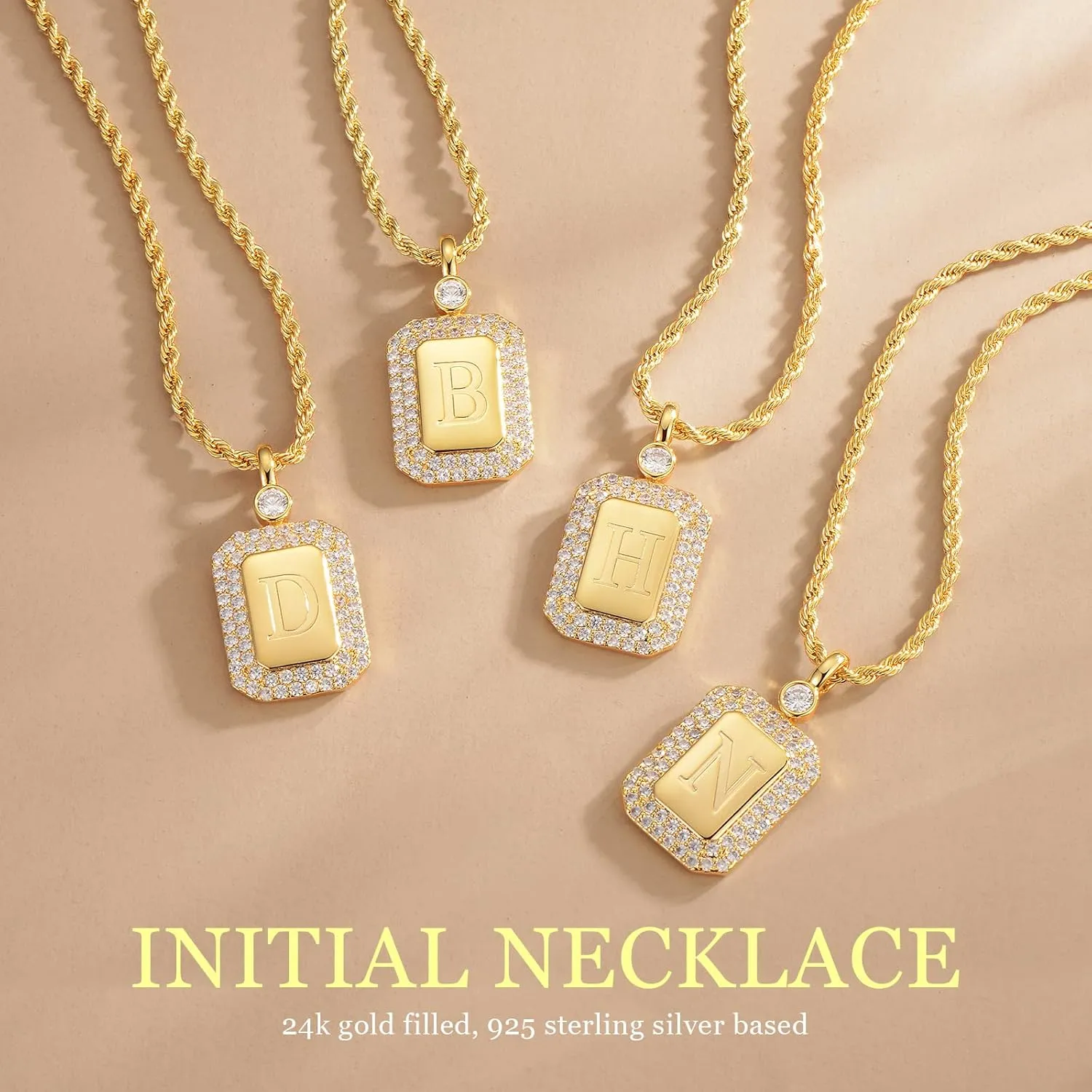 Gold Initial Necklaces for Women, Letter Necklace for Her Birthday Yellow Gold Initial Pendant Necklace with Rope Chain, Women Jewelry Gifts for Her Wife Girlfriend(24K Real Gold Filled)
