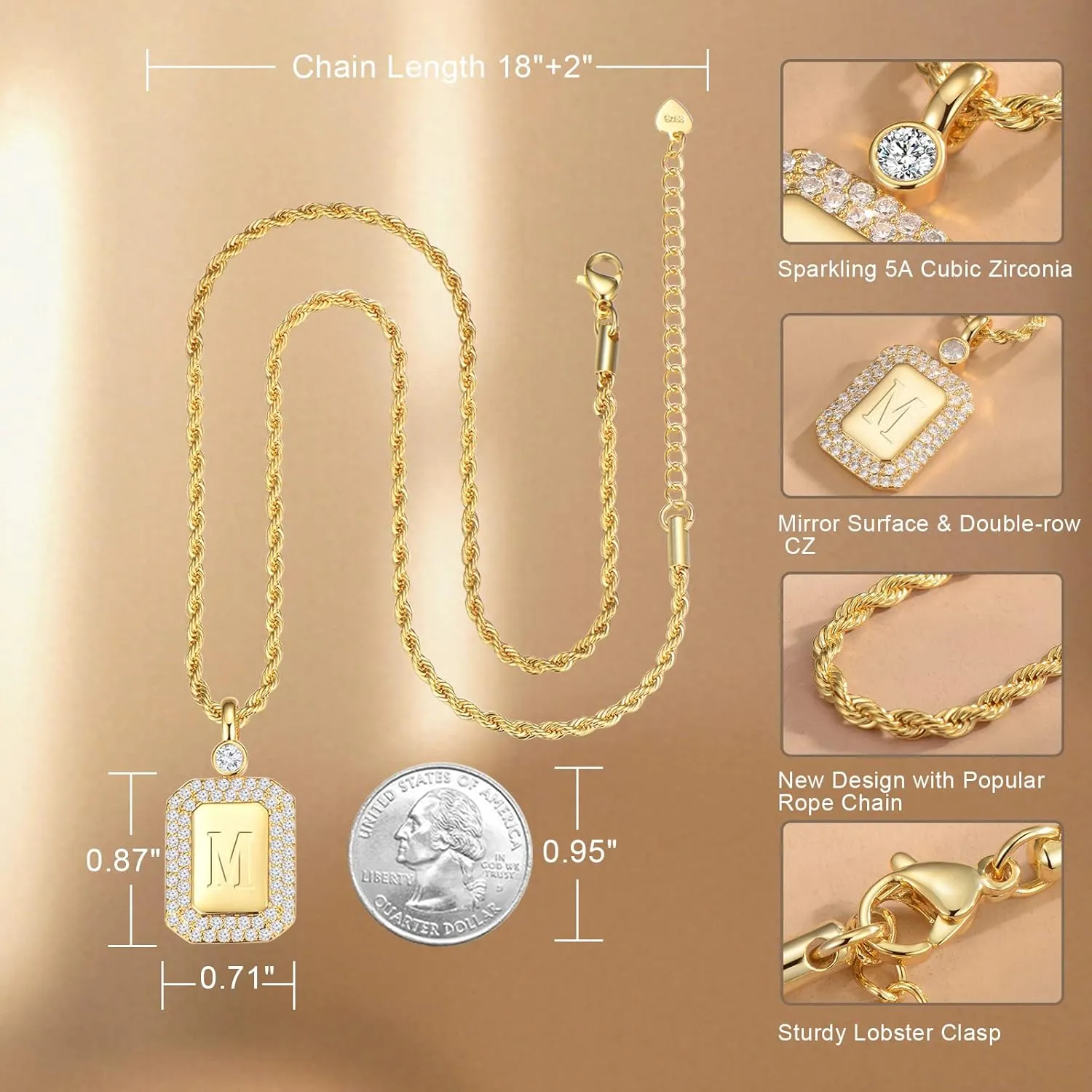 Gold Initial Necklaces for Women, Letter Necklace for Her Birthday Yellow Gold Initial Pendant Necklace with Rope Chain, Women Jewelry Gifts for Her Wife Girlfriend(24K Real Gold Filled)