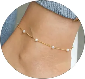 Gold Layered Ankle Bracelets for Women 14K Gold Plated Four Layer Rhinestone CZ Anklet Cuban Figaro Fishbone Pearl Link Anklets Set Summer Jewelry Gift