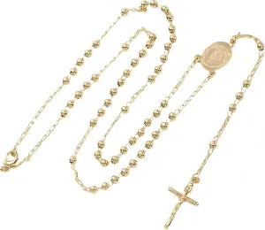 Gold long Necklace for Women Featuring The Virgin Mary, Rosary Cross, Y-shaped Sun Drop Dangles, and a Miracle Medal Pendant. It's a Beautiful Gift Idea!