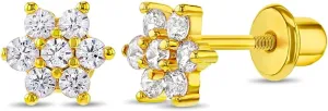 Gold Plated Cubic Zirconia Flower Safety Screw Back Earrings for Babies and Toddlers 5mm - Delicate and Sparkling Flower Earrings for Little Girls - Lovely Floral Studs