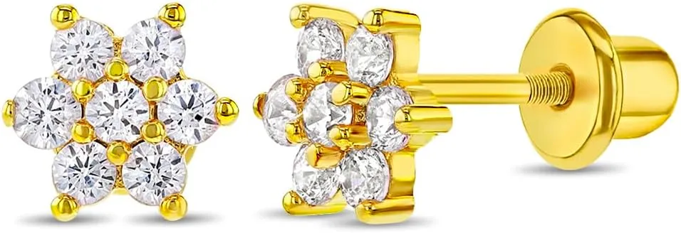 Gold Plated Cubic Zirconia Flower Safety Screw Back Earrings for Babies and Toddlers 5mm - Delicate and Sparkling Flower Earrings for Little Girls - Lovely Floral Studs