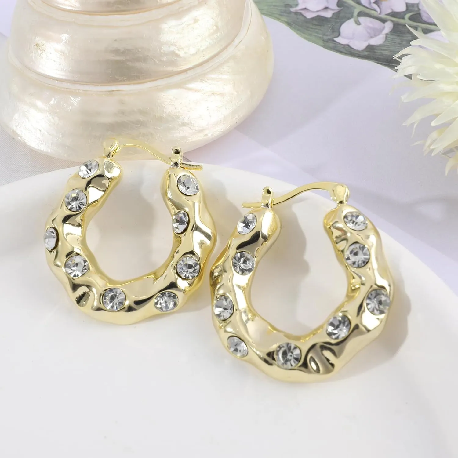 Gold Plated Huggie Hoop Earrings for Women, Vintage Flower Star Rose Heart Sunflower Huggie Hoop Earrings Cubic Zircon Square Diamond Enamel Large Hoop Dangle Earrings Jewelry Gift for Her