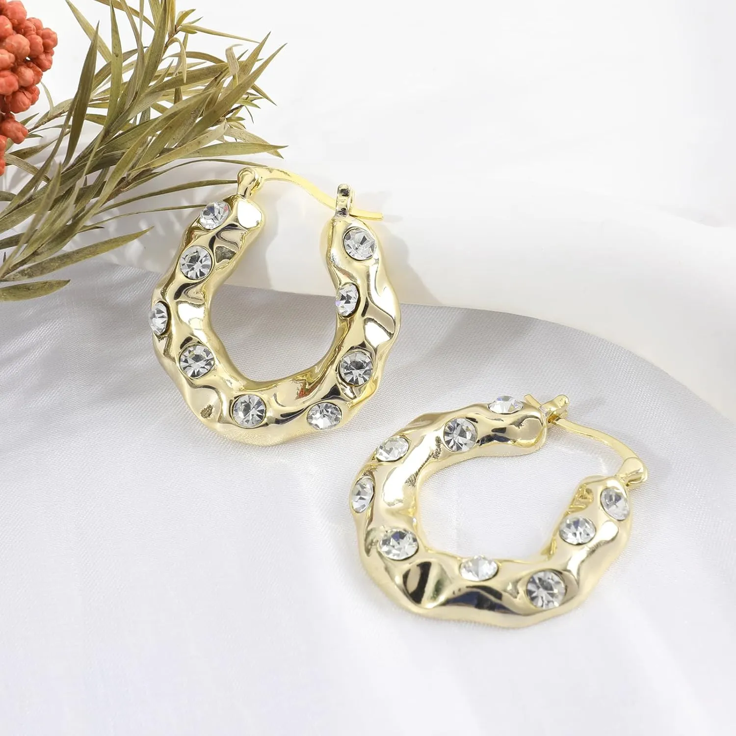 Gold Plated Huggie Hoop Earrings for Women, Vintage Flower Star Rose Heart Sunflower Huggie Hoop Earrings Cubic Zircon Square Diamond Enamel Large Hoop Dangle Earrings Jewelry Gift for Her