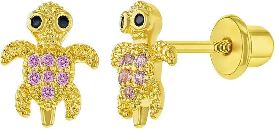 Gold Plated Pink Cubic Zirconia Turtle Screw Back Earrings for Kids & Teens - A Great and Meaningful Gifts for Animal Lovers - Sparkling Pink CZ Turtle Earrings with Screw-on Backs for Girls