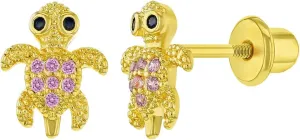 Gold Plated Pink Cubic Zirconia Turtle Screw Back Earrings for Kids & Teens - A Great and Meaningful Gifts for Animal Lovers - Sparkling Pink CZ Turtle Earrings with Screw-on Backs for Girls