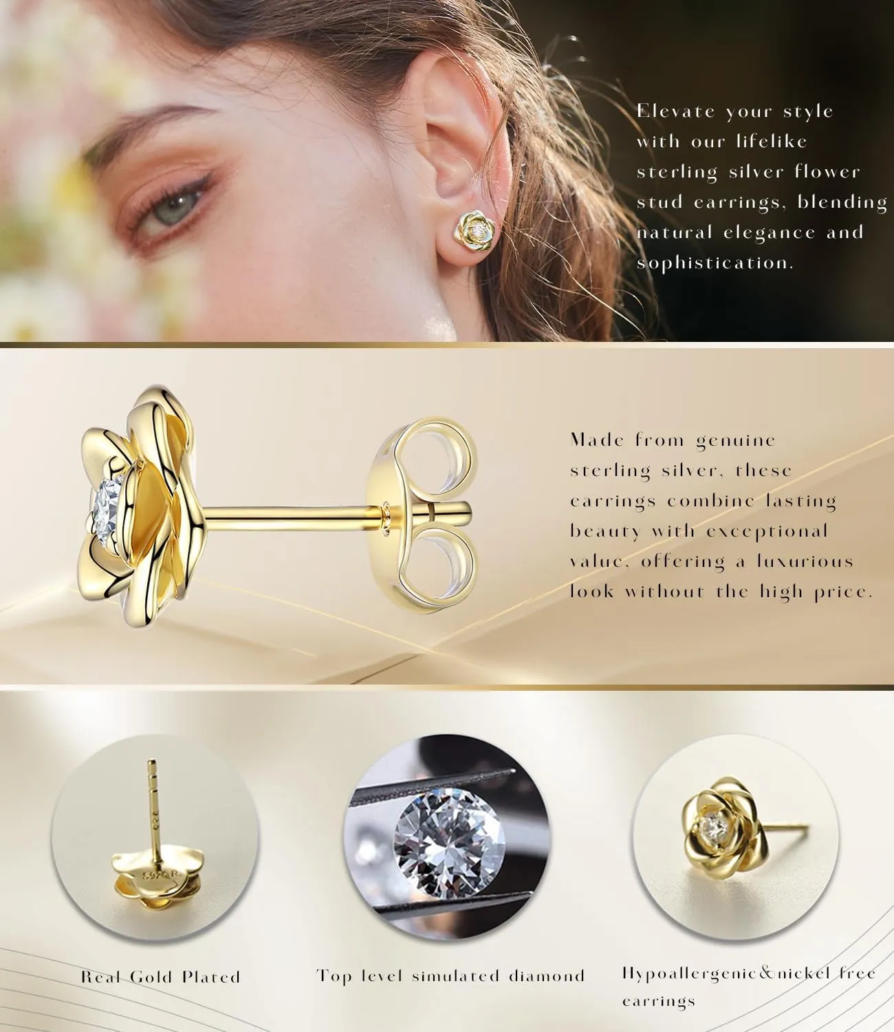 Gold Plated Sterling Silver Rose Flower Earring Studs, Hypoallergenic & Nickel Free Earrings for Women