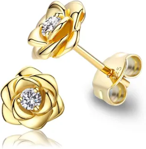 Gold Plated Sterling Silver Rose Flower Earring Studs, Hypoallergenic & Nickel Free Earrings for Women
