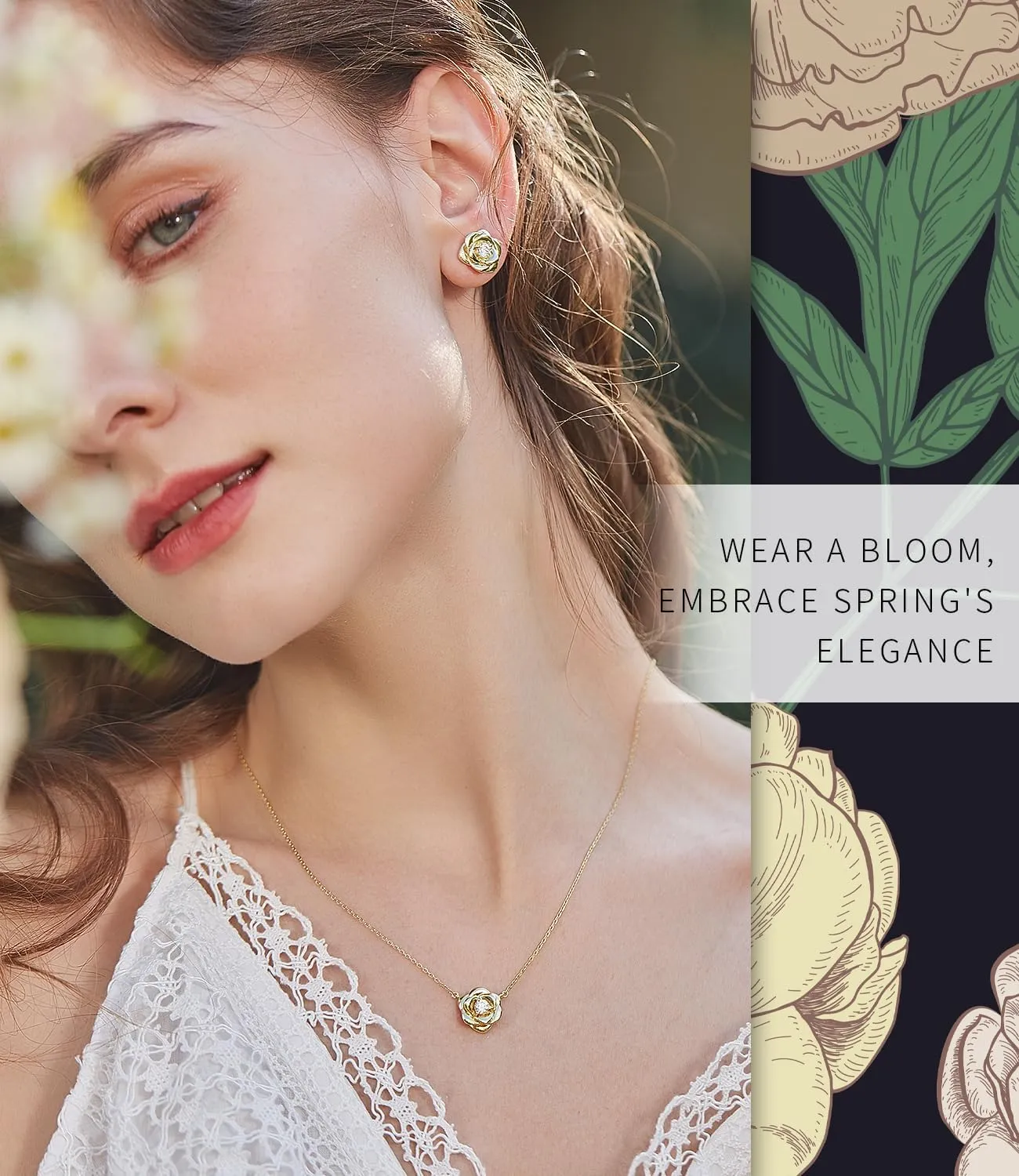 Gold Plated Sterling Silver Rose Flower Earring Studs, Hypoallergenic & Nickel Free Earrings for Women