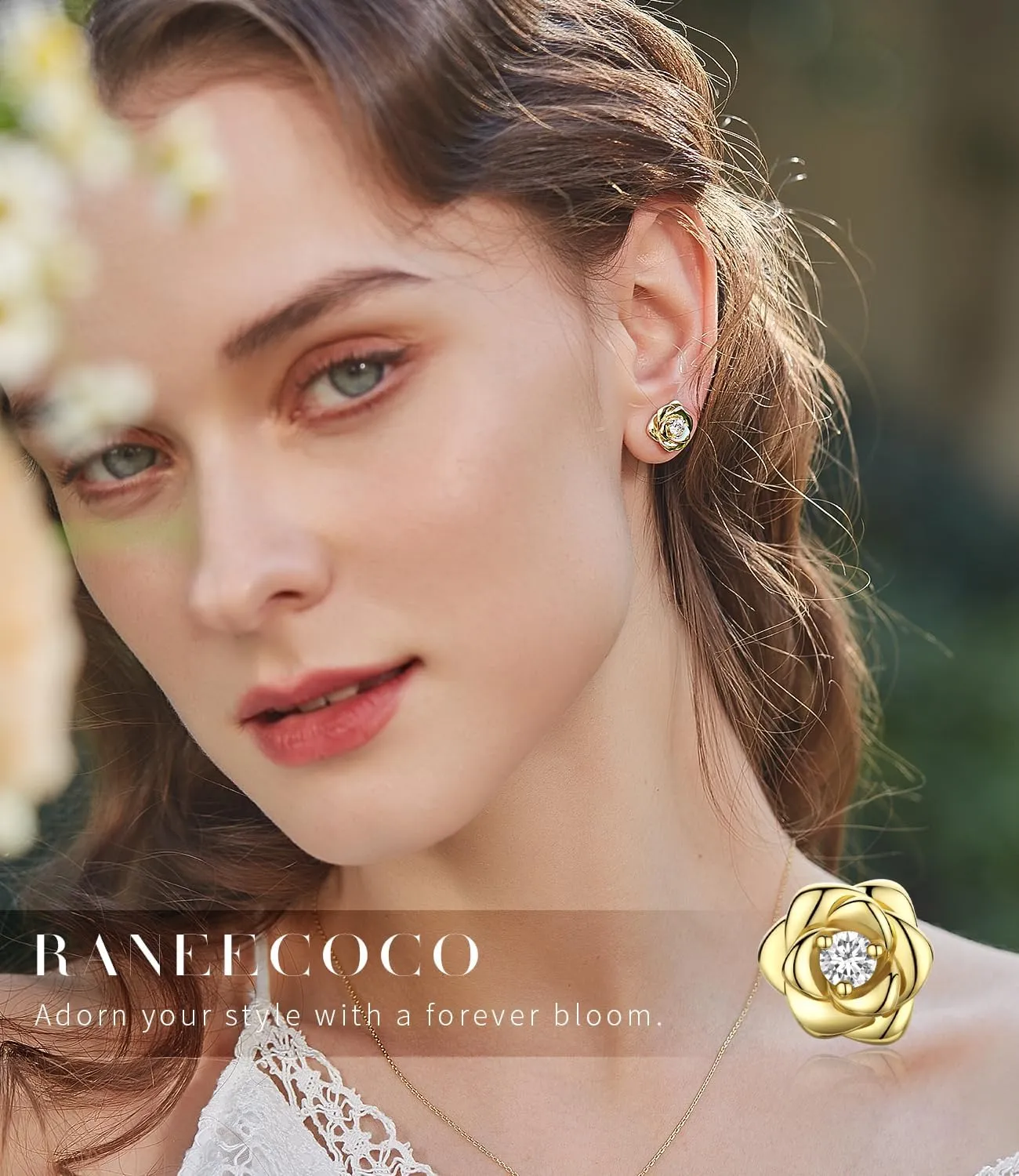 Gold Plated Sterling Silver Rose Flower Earring Studs, Hypoallergenic & Nickel Free Earrings for Women