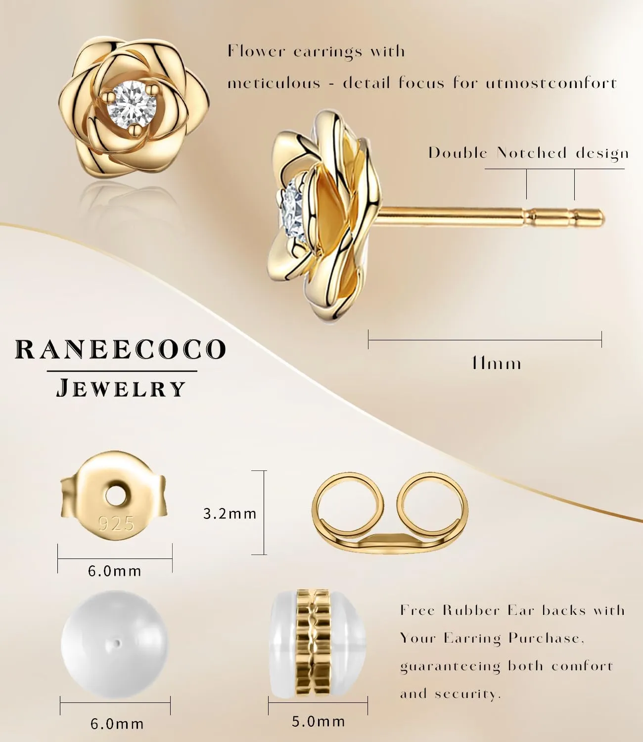 Gold Plated Sterling Silver Rose Flower Earring Studs, Hypoallergenic & Nickel Free Earrings for Women