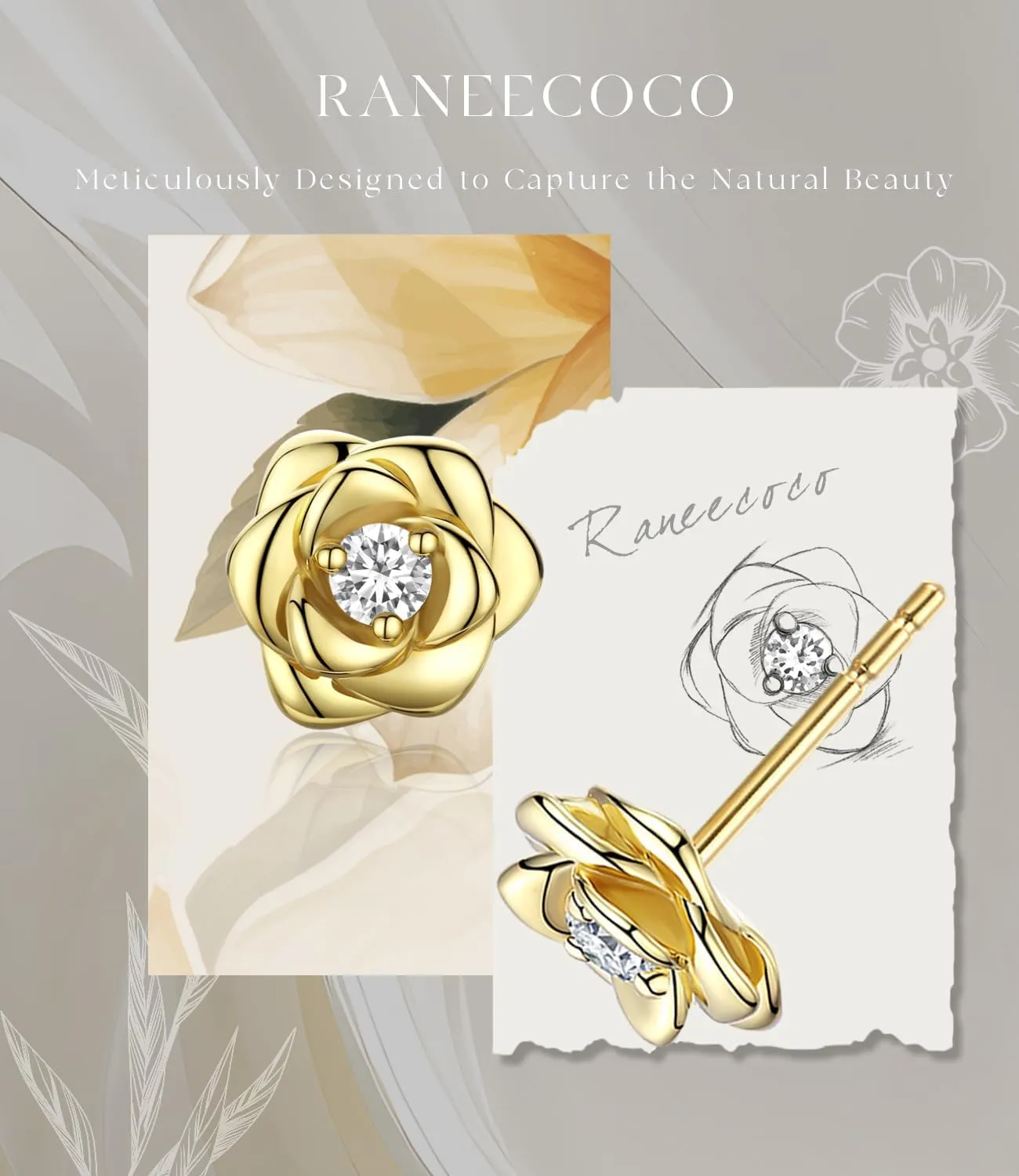 Gold Plated Sterling Silver Rose Flower Earring Studs, Hypoallergenic & Nickel Free Earrings for Women