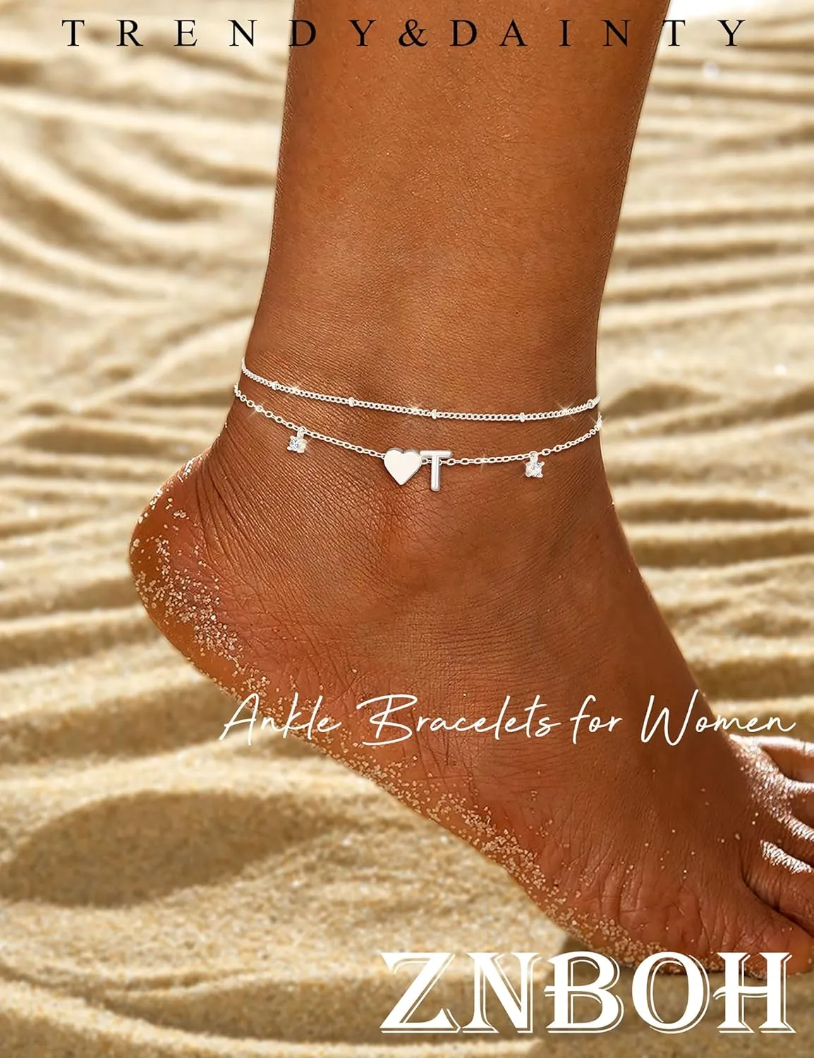 Gold Silver Ankle Bracelets for Women 14k Gold Plated Initial Anklets for Women Waterproof Non Tarnish Dainty Layered CZ Letter A-Z Heart Charm Anklet Set Summer Beach Foot Chain Jewelry Gift