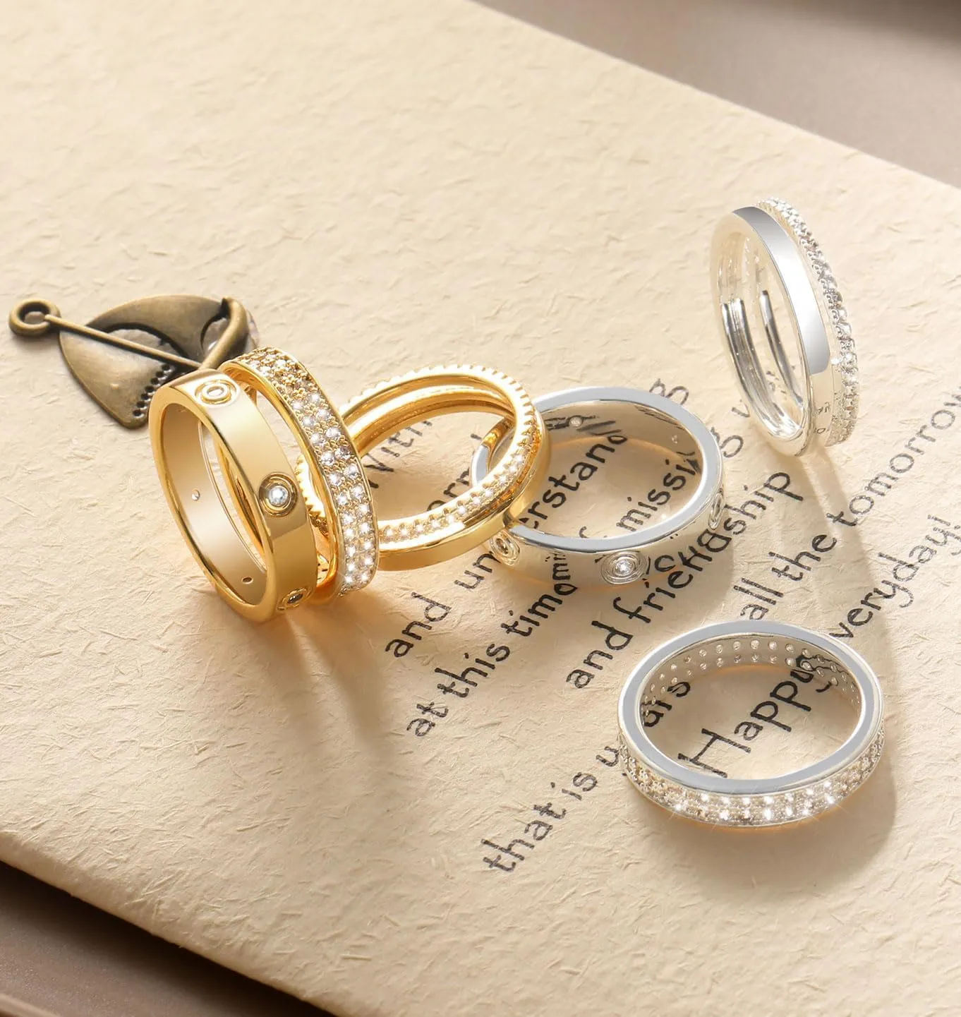 Gold Silver Rings for Women Non Tarnish Stackable Rings Trendy Dainty 18K Gold Plated Stacking Cubic Zirconia Thumb Ring Set Love Friendship Dual Band Rings Promise Wedding Engagement Rings Size 6 7 8 9 10 11