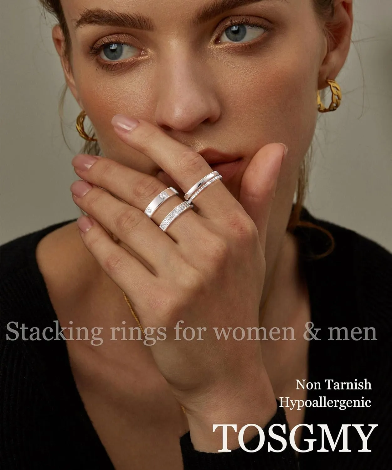 Gold Silver Rings for Women Non Tarnish Stackable Rings Trendy Dainty 18K Gold Plated Stacking Cubic Zirconia Thumb Ring Set Love Friendship Dual Band Rings Promise Wedding Engagement Rings Size 6 7 8 9 10 11