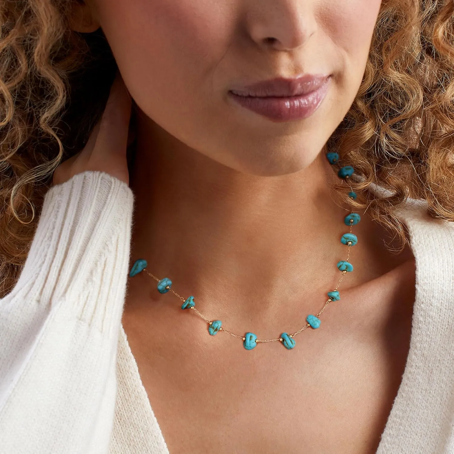 Gold Turquoise Choker Necklaces for Women 14K Gold Plated Dainty Turquoise Beads Choker Simple Cute Summer Jewelry