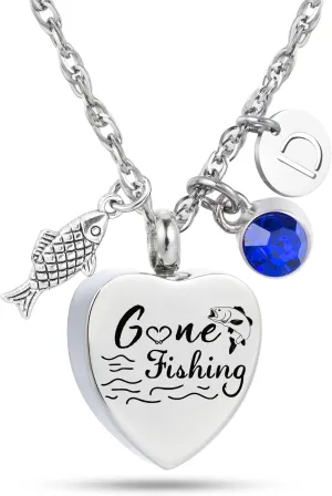 Gone Fishing Urn Necklace for ashes In Loving Memory of Fisherman Remembrance Birthstone Necklace Cremation Jewelry