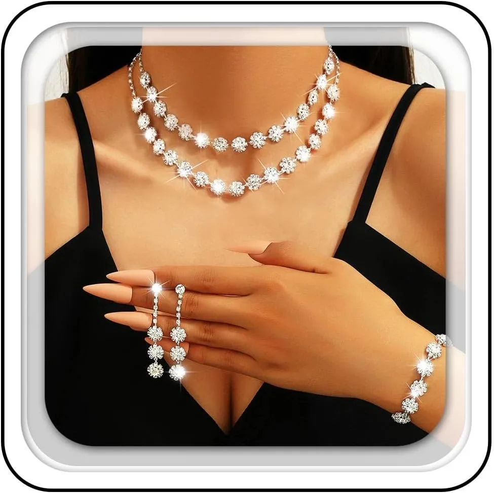GORAIS Silver Bridal Jewelry Set Wedding Rhinestone Necklace Sets Prom Formal Jewelry for Women