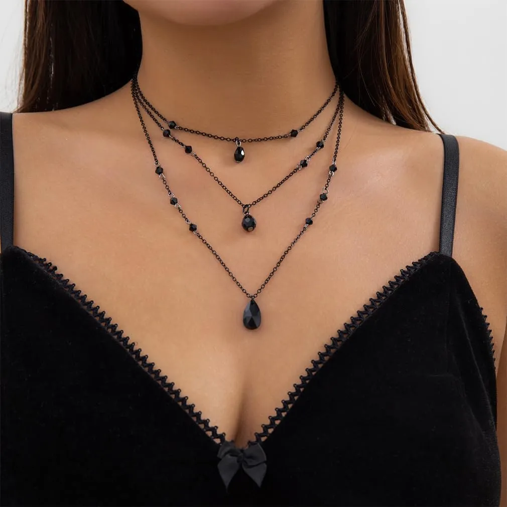 Gothic Black Choker Necklaces for Woman Goth Darkness Grunge Teardrop Choker Layered Y2k Statement Necklace Cosplay Costume Halloween Jewelry Gifts