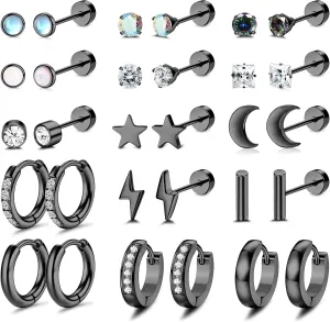 HAIAISO 15 Pairs Surgical Steel Earrings Set for Women Men Hypoallergenic Flat Back Earrings Small Hoop Cartilage Earring Sets for Multiple Piercing Flatback Stud Earrings for Sensitive Ears