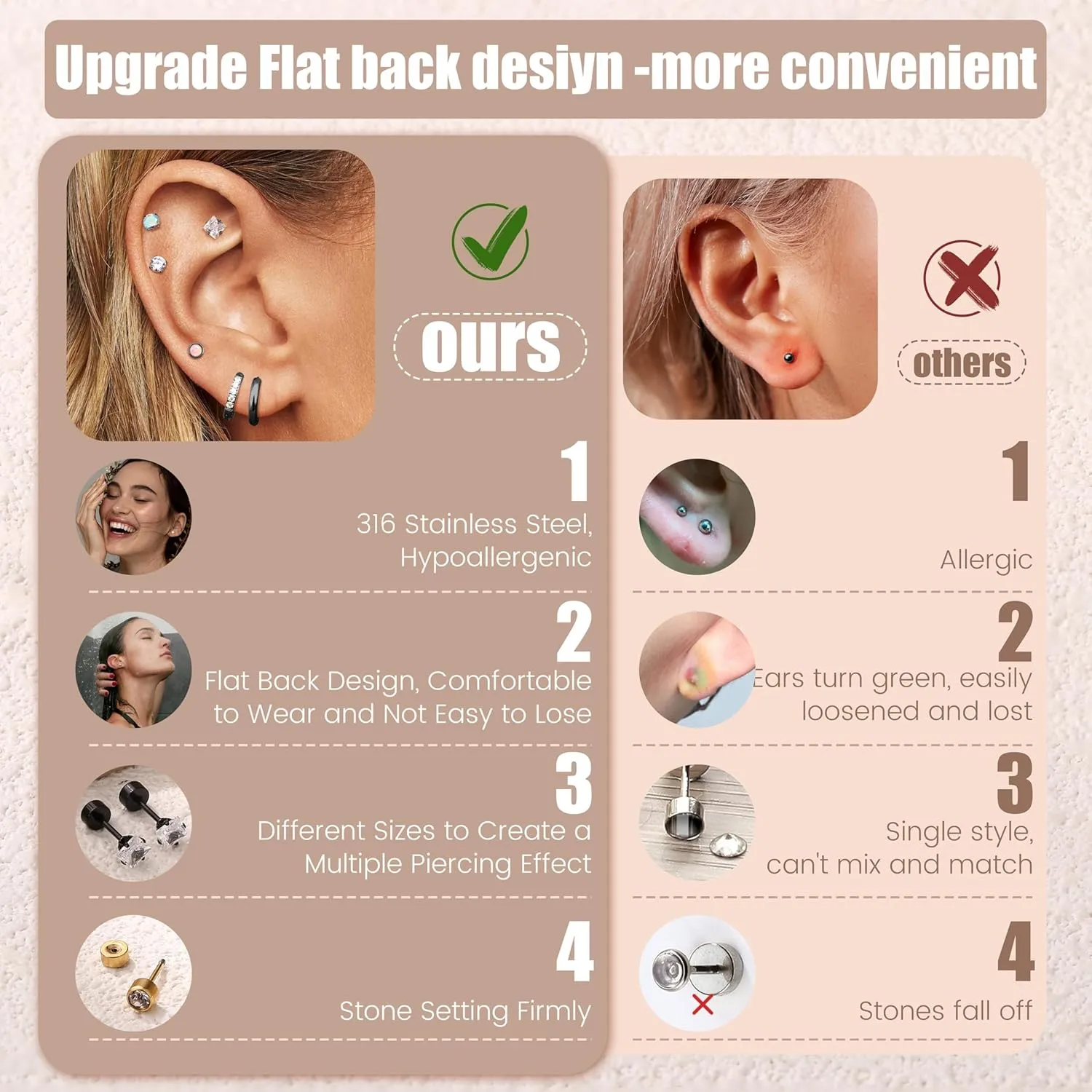 HAIAISO 15 Pairs Surgical Steel Earrings Set for Women Men Hypoallergenic Flat Back Earrings Small Hoop Cartilage Earring Sets for Multiple Piercing Flatback Stud Earrings for Sensitive Ears