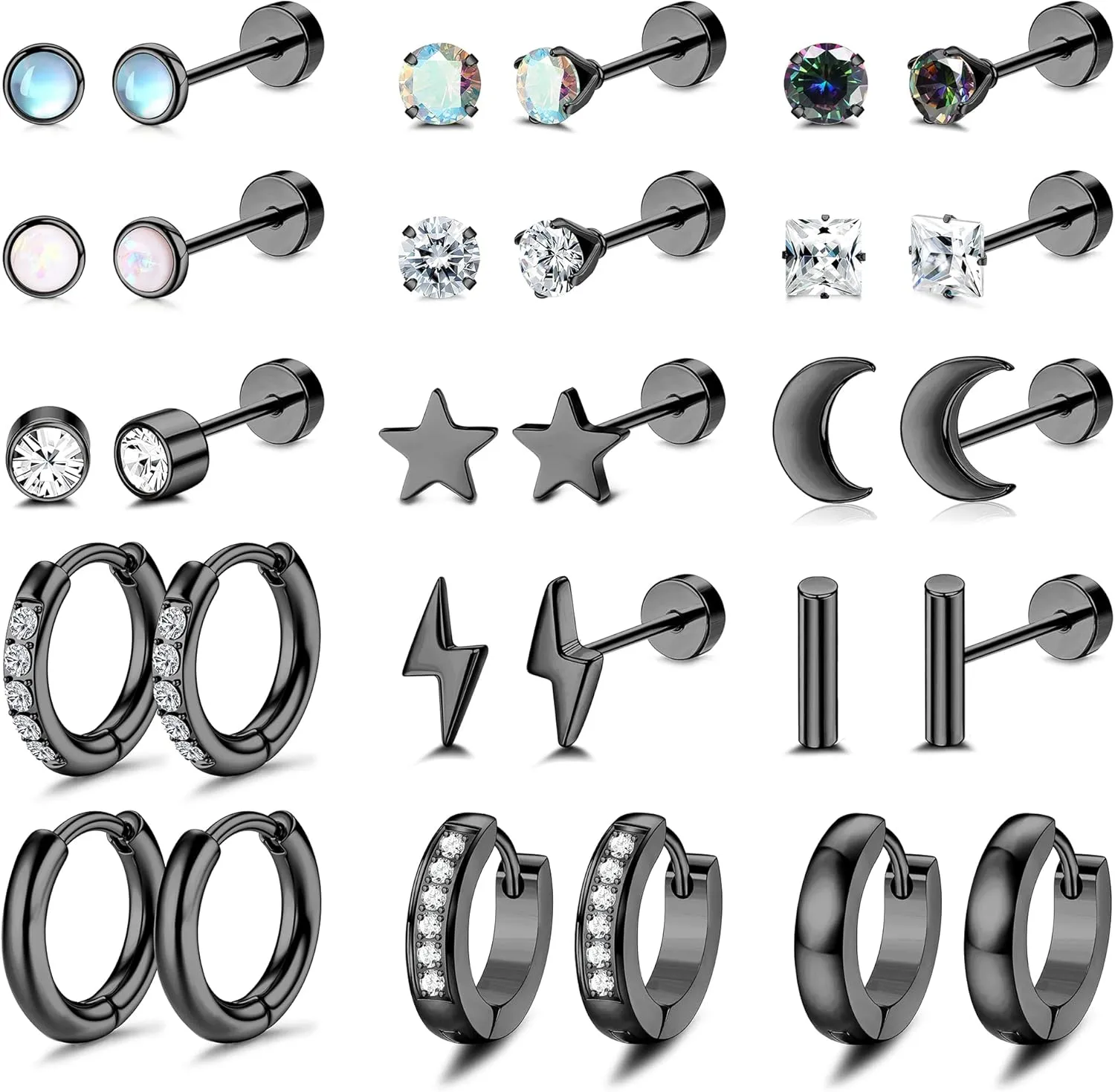 HAIAISO 15 Pairs Surgical Steel Earrings Set for Women Men Hypoallergenic Flat Back Earrings Small Hoop Cartilage Earring Sets for Multiple Piercing Flatback Stud Earrings for Sensitive Ears
