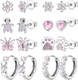 HAIAISO 8 Pairs 925 Sterling Silver Stud Earrings Set Hypoallergenic Pink Heart Cz Earrings Cute Butterfly Flower Dog Paw Turtle Stud Earrings Hoops Earrings For Women Over 3 Years Old