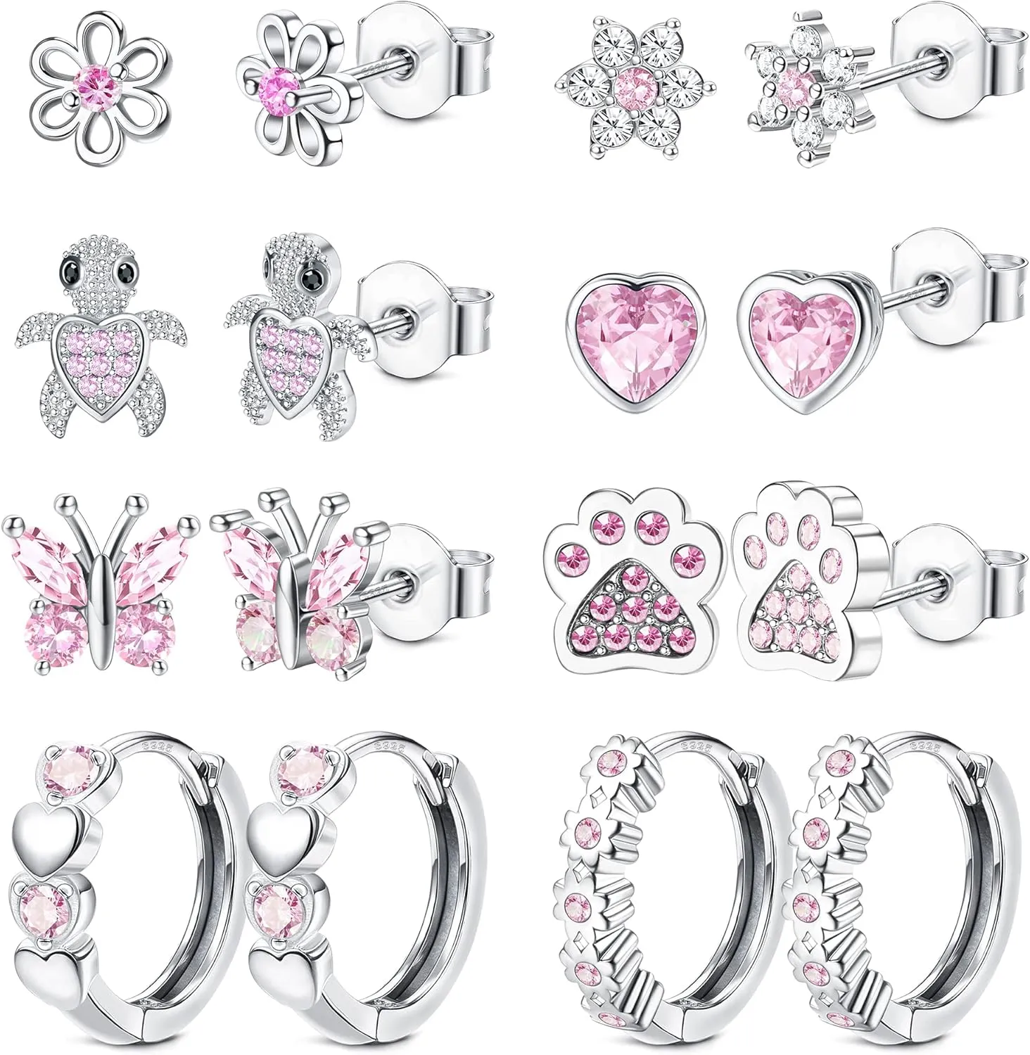 HAIAISO 8 Pairs 925 Sterling Silver Stud Earrings Set Hypoallergenic Pink Heart Cz Earrings Cute Butterfly Flower Dog Paw Turtle Stud Earrings Hoops Earrings For Women Over 3 Years Old