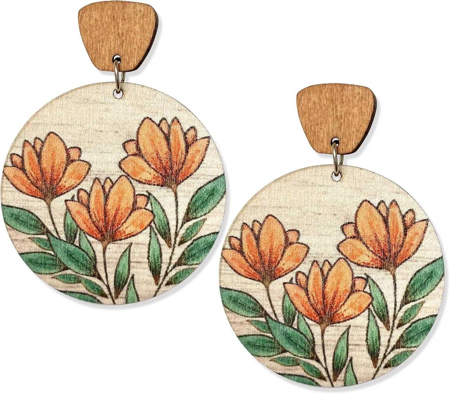 Handmade Bohemian Lightweight Round Wooden Sunflower Dangle Drop Earrings Vintage Boho Wood Geometry Flower Stud Earring for Women Statement