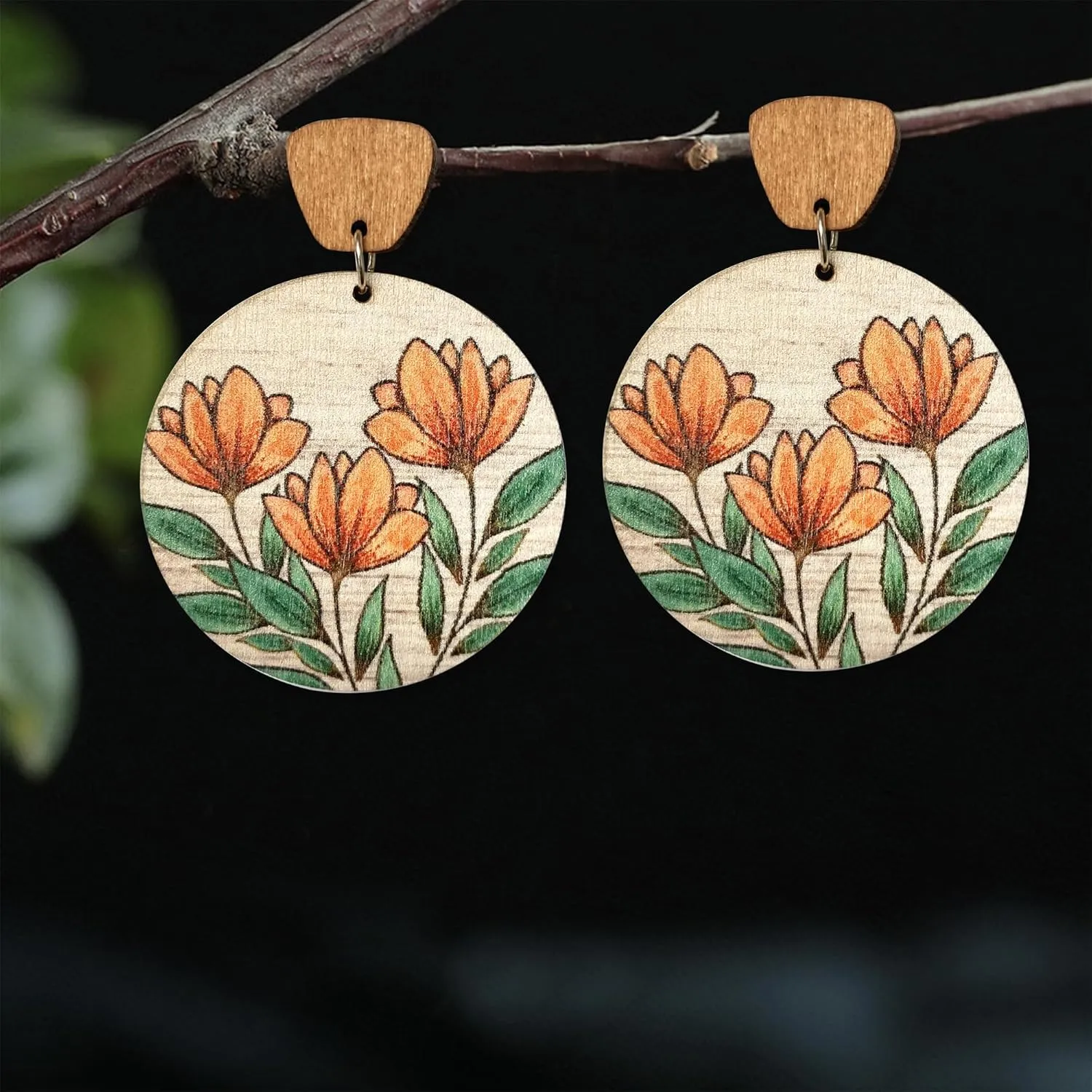 Handmade Bohemian Lightweight Round Wooden Sunflower Dangle Drop Earrings Vintage Boho Wood Geometry Flower Stud Earring for Women Statement