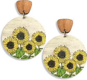 Handmade Bohemian Lightweight Round Wooden Sunflower Dangle Drop Earrings Vintage Boho Wood Geometry Flower Stud Earring for Women Statement