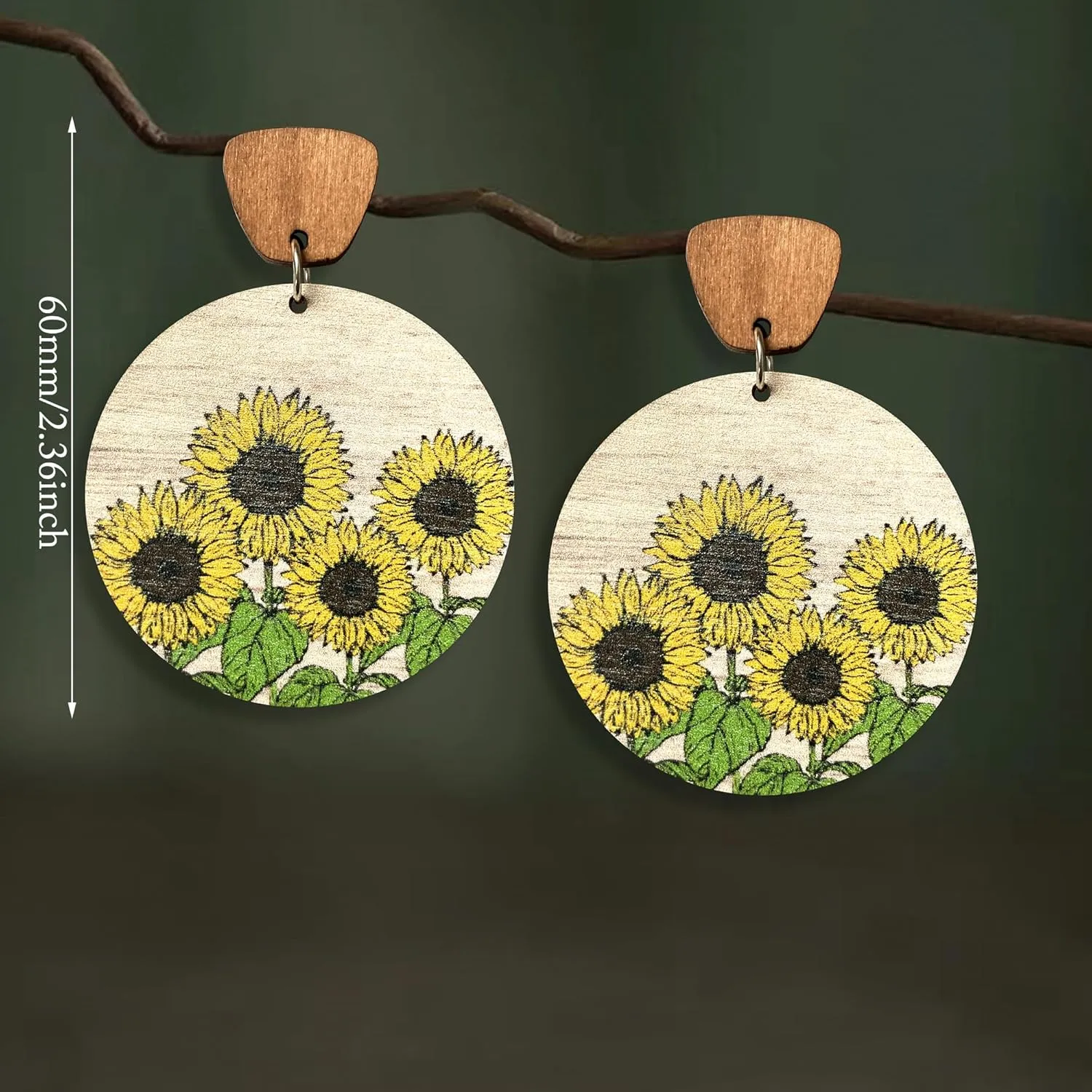 Handmade Bohemian Lightweight Round Wooden Sunflower Dangle Drop Earrings Vintage Boho Wood Geometry Flower Stud Earring for Women Statement