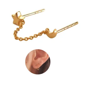 Handmade Gold Tiny Star & Tiny Moon with Chain, Single Double Piercing Stud Earring - for ONE ear - Gold Plated over Sterling Silver Tiny Dainty Cartilage Studs for Women, By MiYa Jewelry Creations