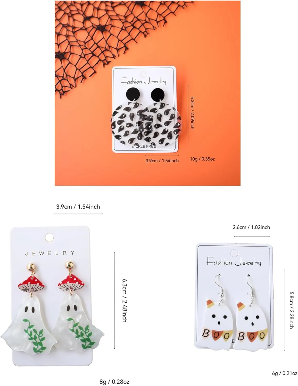 Handmade Sparkling Gilitter Halloween Acrylic Pumpkin Ghost Skull Earrings Funny Cute Mushroon Ghost BOO Dangle Drop Earrings for Women Halloween Costume Cosplay Jewelry Gifts